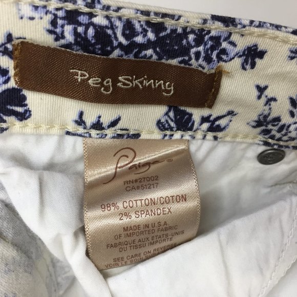 PAIGE Blue White Floral Print PEG 5 Pocket Logo Hardware Skinny Jeans - Picture 3 of 10